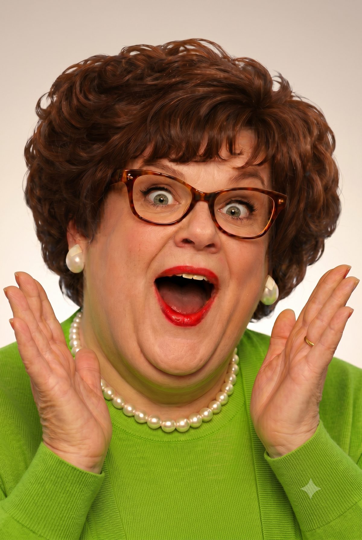 Aunt Linda — delighted, in a green sweater, pearls, and tortoiseshell glasses.